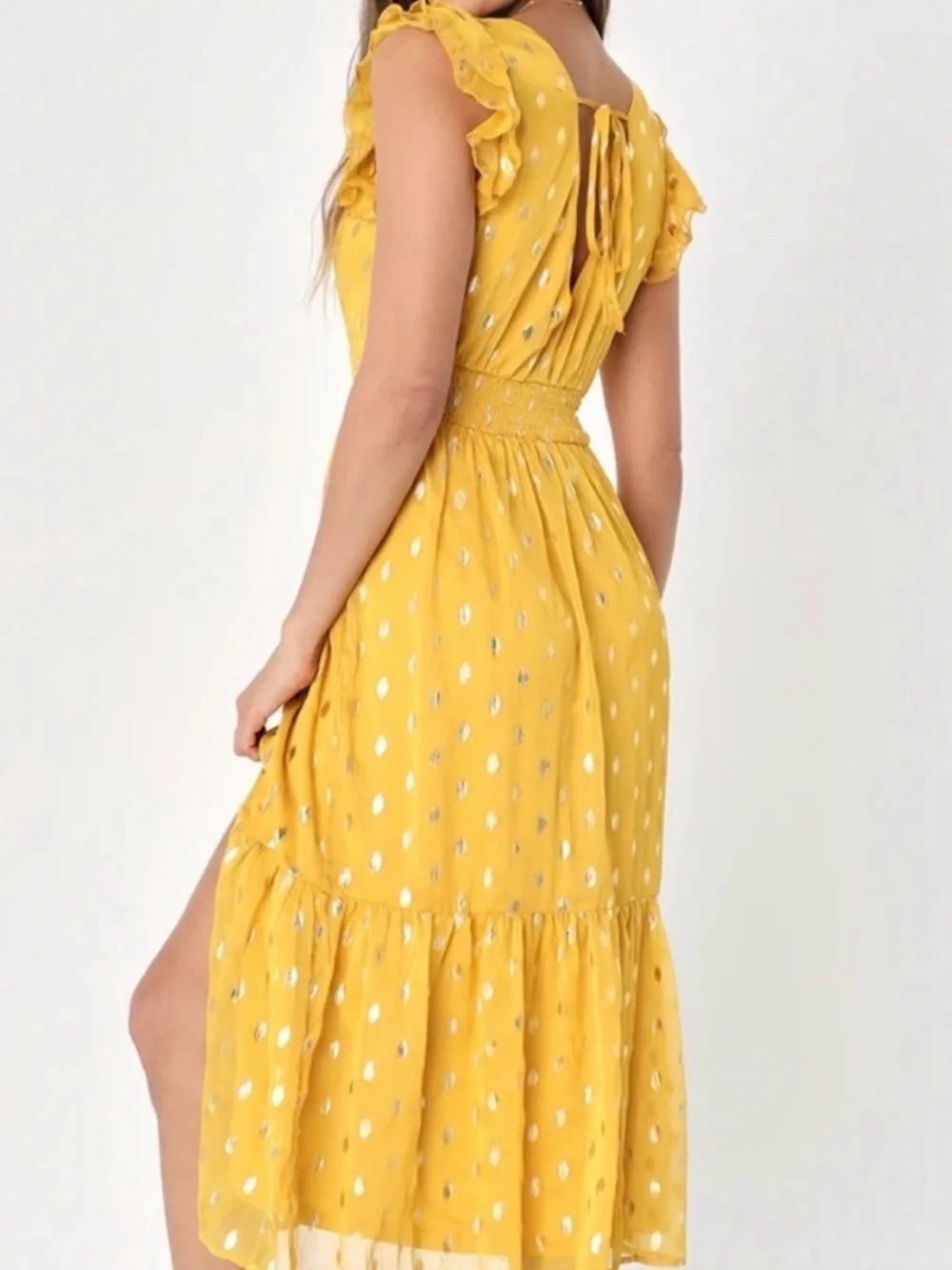 Lulus Cause to Celebrate Yellow and Gold Dot Ruffled Tiered Midi Dress, Size L - Picture 2 of 6